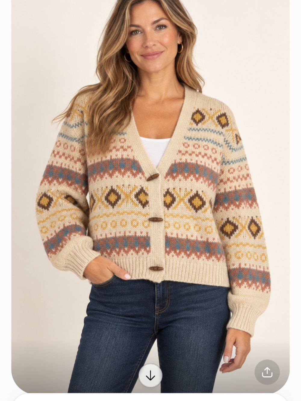 Love Riche Cream Fair Isle V-Neck Button Cardigan